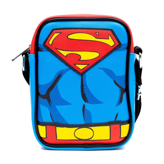 DC Comics Vegan Leather Crossbody Bag with Adjustable Straps Superman Character Close Up with Super Logo and Belt