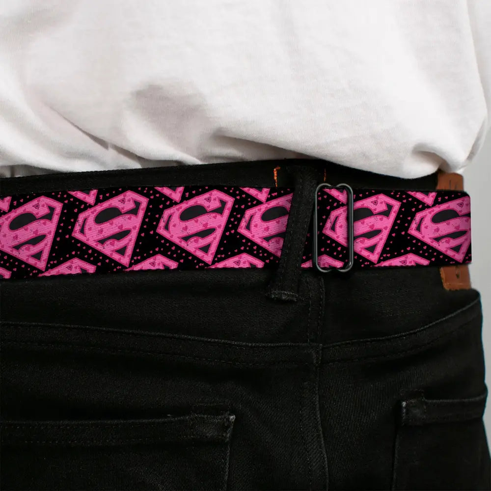 Superman Black Silver Seatbelt Belt - Diagonal Superman Logo w/Hearts Black/Pink Webbing Seatbelt Belts