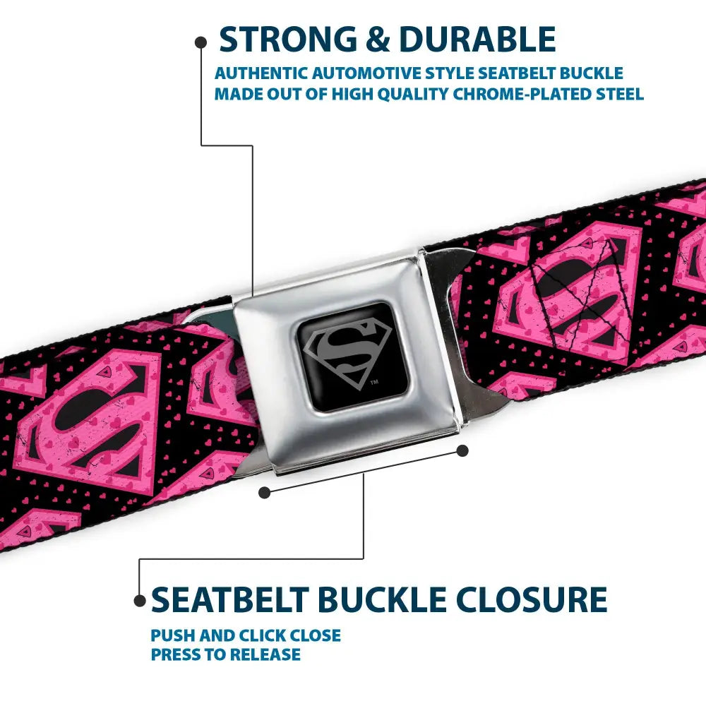 Superman Black Silver Seatbelt Belt - Diagonal Superman Logo w/Hearts Black/Pink Webbing Seatbelt Belts