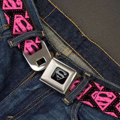 Superman Black Silver Seatbelt Belt - Diagonal Superman Logo w/Hearts Black/Pink Webbing Seatbelt Belts