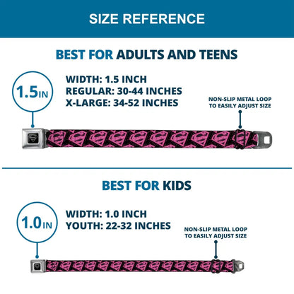 Superman Black Silver Seatbelt Belt - Diagonal Superman Logo w/Hearts Black/Pink Webbing Seatbelt Belts