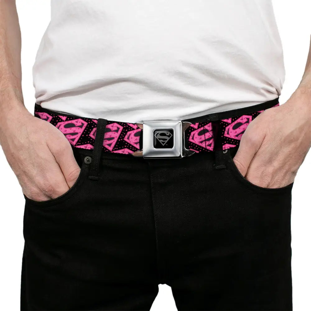 Superman Black Silver Seatbelt Belt - Diagonal Superman Logo w/Hearts Black/Pink Webbing Seatbelt Belts