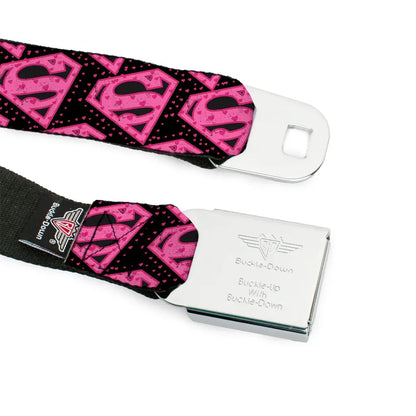 Superman Black Silver Seatbelt Belt - Diagonal Superman Logo w/Hearts Black/Pink Webbing Seatbelt Belts