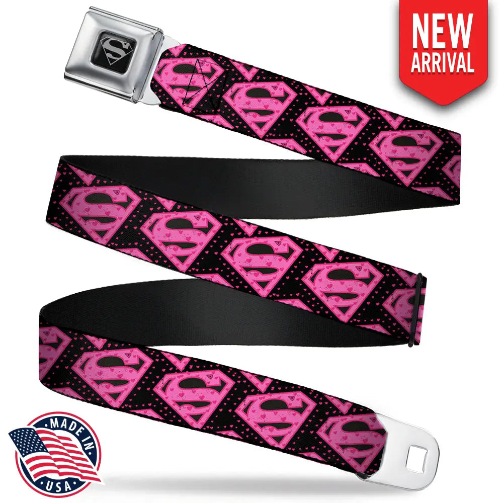 Superman Black Silver Seatbelt Belt - Diagonal Superman Logo w/Hearts Black/Pink Webbing Seatbelt Belts
