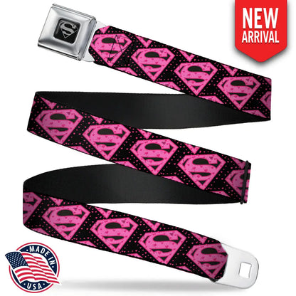 Superman Black Silver Seatbelt Belt - Diagonal Superman Logo w/Hearts Black/Pink Webbing Seatbelt Belts