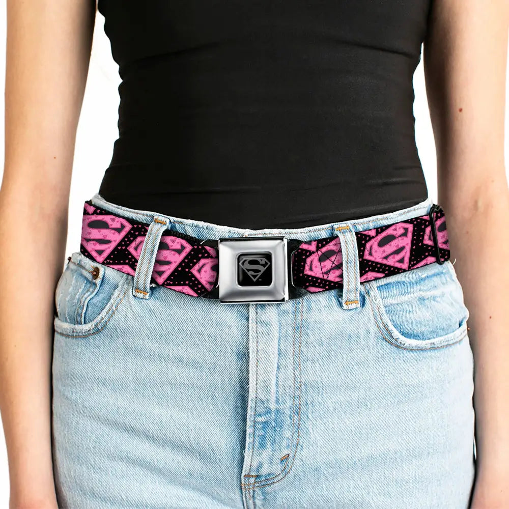 Superman Black Silver Seatbelt Belt - Diagonal Superman Logo w/Hearts Black/Pink Webbing Seatbelt Belts