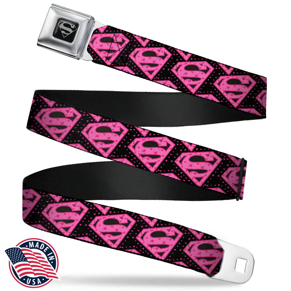 Superman Black Silver Seatbelt Belt - Diagonal Superman Logo w/Hearts Black/Pink Webbing Seatbelt Belts