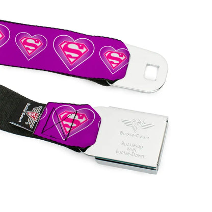 Superman Black Silver Seatbelt Belt - Superman Logo in Heart Purple/White/Pink Webbing Seatbelt Belts