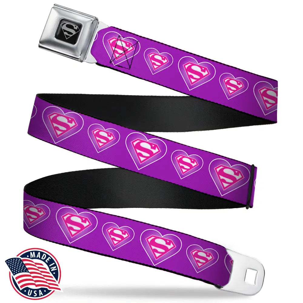 Superman Black Silver Seatbelt Belt - Superman Logo in Heart Purple/White/Pink Webbing Seatbelt Belts