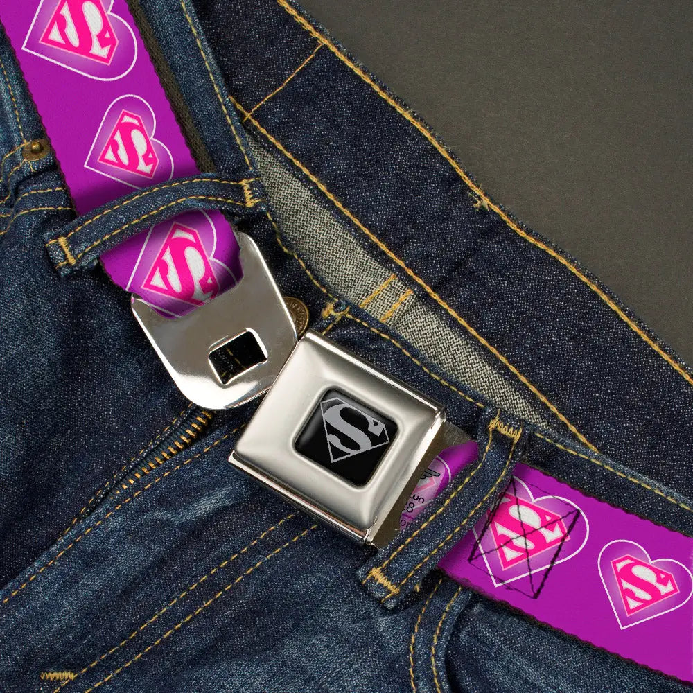 Superman Black Silver Seatbelt Belt - Superman Logo in Heart Purple/White/Pink Webbing Seatbelt Belts