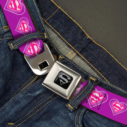 Superman Black Silver Seatbelt Belt - Superman Logo in Heart Purple/White/Pink Webbing Seatbelt Belts