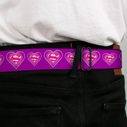 Superman Black Silver Seatbelt Belt - Superman Logo in Heart Purple/White/Pink Webbing Seatbelt Belts