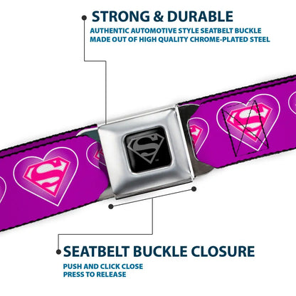 Superman Black Silver Seatbelt Belt - Superman Logo in Heart Purple/White/Pink Webbing Seatbelt Belts