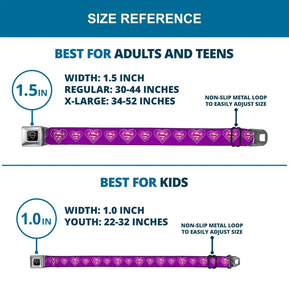 Superman Black Silver Seatbelt Belt - Superman Logo in Heart Purple/White/Pink Webbing Seatbelt Belts