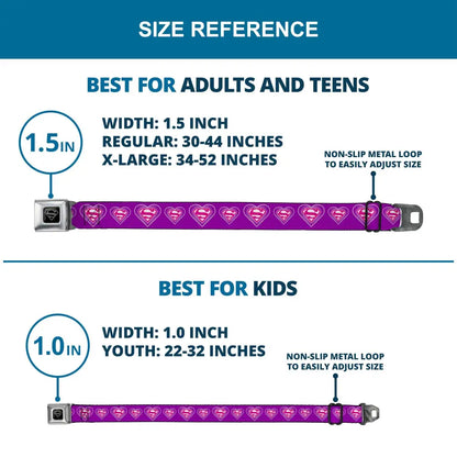 Superman Black Silver Seatbelt Belt - Superman Logo in Heart Purple/White/Pink Webbing Seatbelt Belts