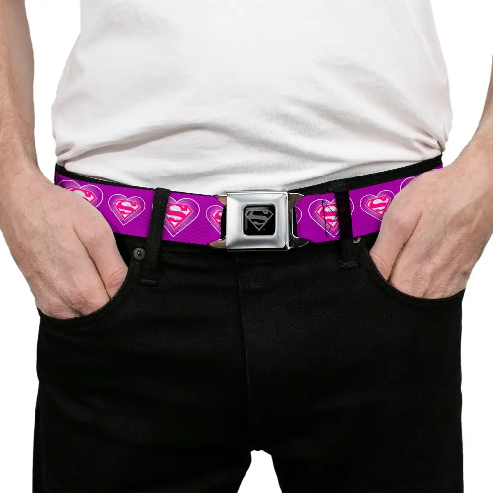 Superman Black Silver Seatbelt Belt - Superman Logo in Heart Purple/White/Pink Webbing Seatbelt Belts