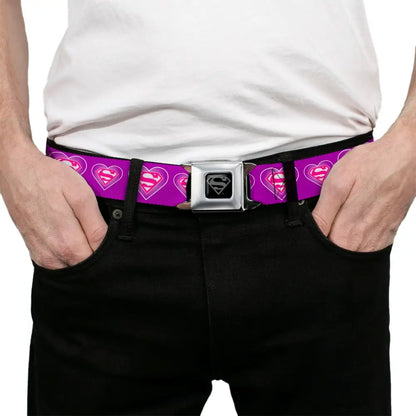 Superman Black Silver Seatbelt Belt - Superman Logo in Heart Purple/White/Pink Webbing Seatbelt Belts
