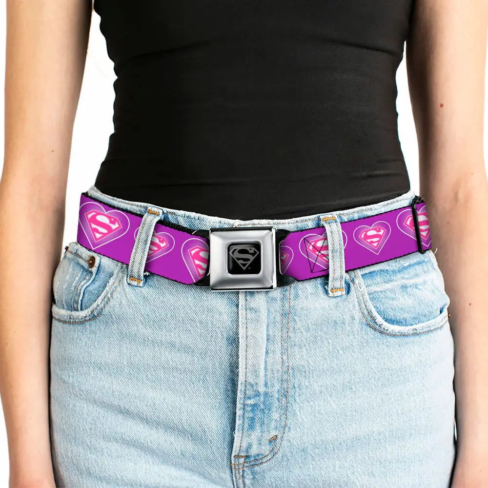 Superman Black Silver Seatbelt Belt - Superman Logo in Heart Purple/White/Pink Webbing Seatbelt Belts