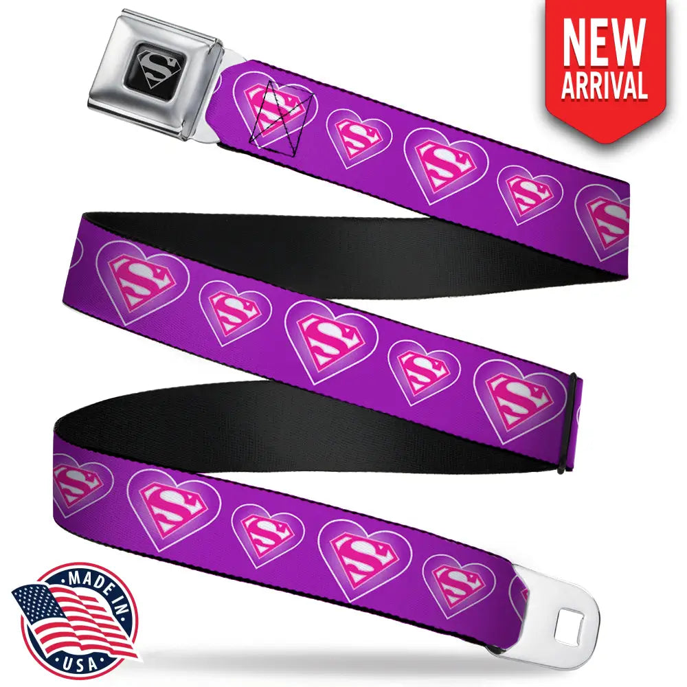 Superman Black Silver Seatbelt Belt - Superman Logo in Heart Purple/White/Pink Webbing Seatbelt Belts