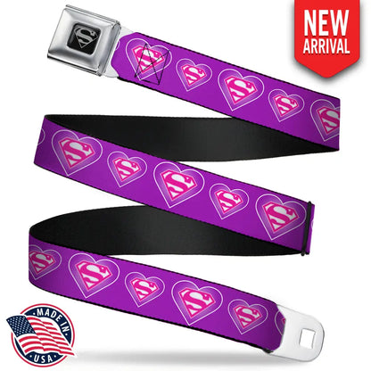 Superman Black Silver Seatbelt Belt - Superman Logo in Heart Purple/White/Pink Webbing Seatbelt Belts