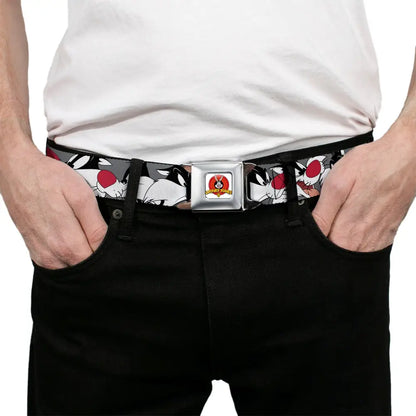 Looney Tunes Logo Full Color White Seatbelt Belt - Sylvester the Cat Expressions Gray Webbing Seatbelt Belts