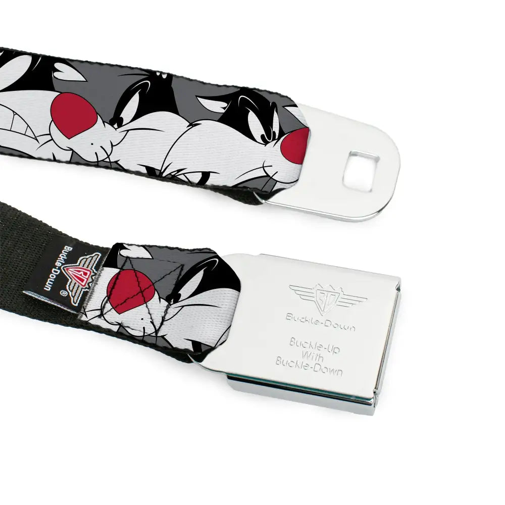 Looney Tunes Logo Full Color White Seatbelt Belt - Sylvester the Cat Expressions Gray Webbing Seatbelt Belts