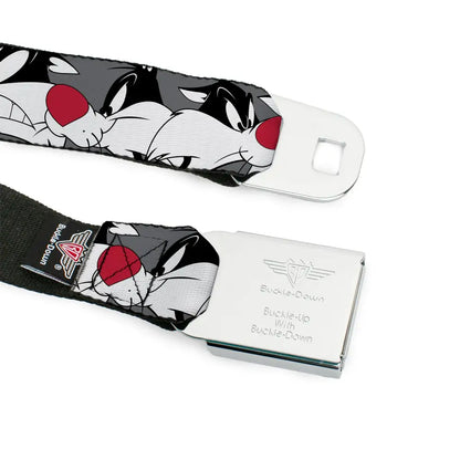Looney Tunes Logo Full Color White Seatbelt Belt - Sylvester the Cat Expressions Gray Webbing Seatbelt Belts
