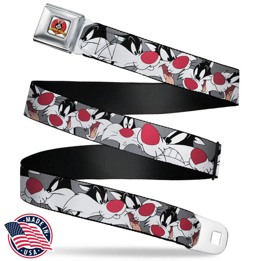 Looney Tunes Logo Full Color White Seatbelt Belt - Sylvester the Cat Expressions Gray Webbing Seatbelt Belts