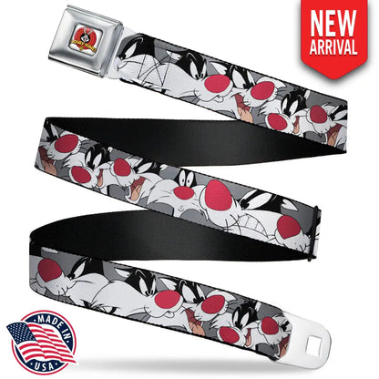 Looney Tunes Logo Full Color White Seatbelt Belt - Sylvester the Cat Expressions Gray Webbing Seatbelt Belts