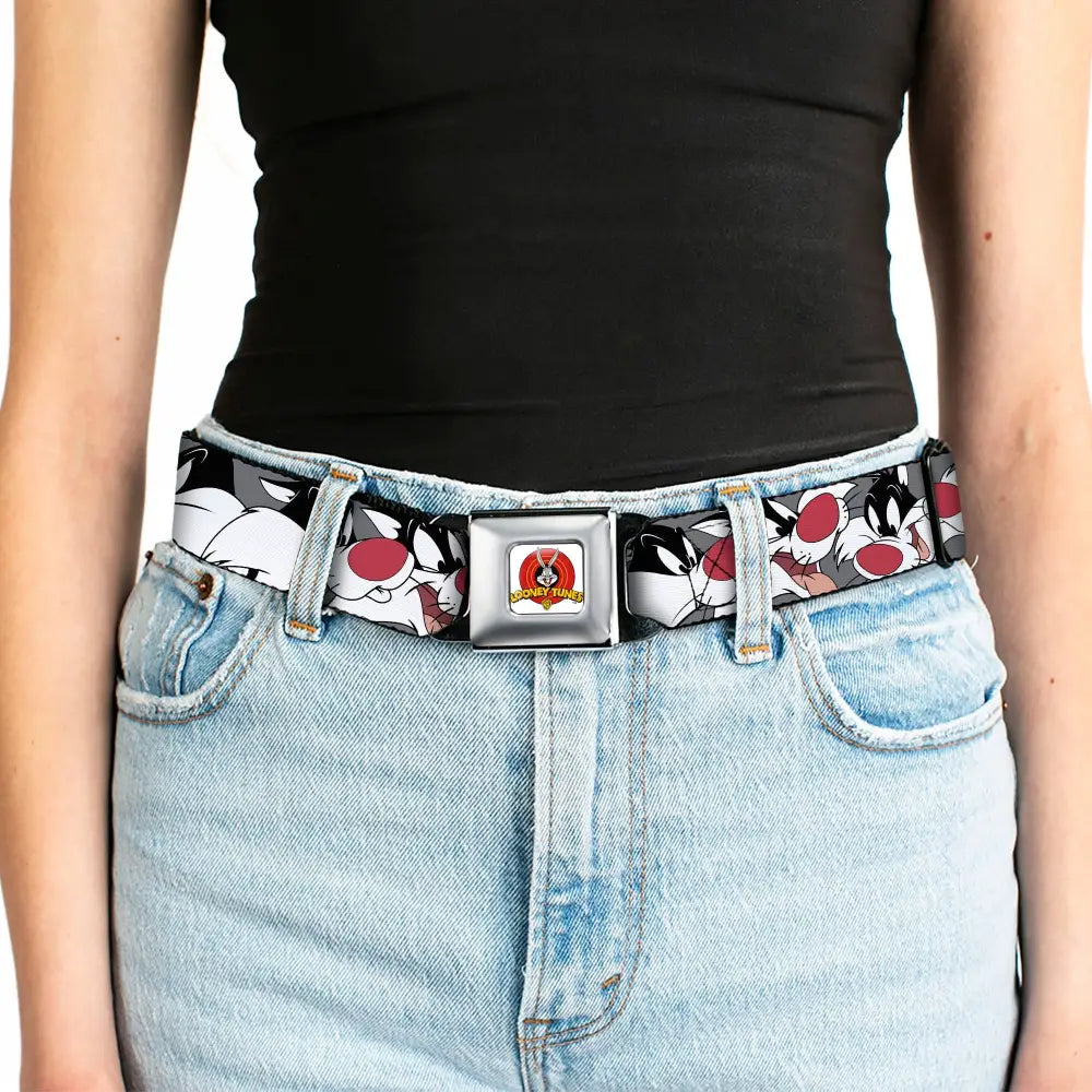 Looney Tunes Logo Full Color White Seatbelt Belt - Sylvester the Cat Expressions Gray Webbing Seatbelt Belts