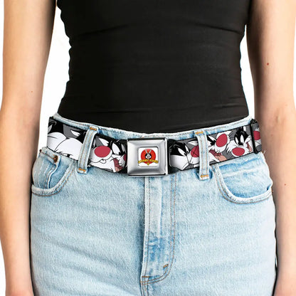 Looney Tunes Logo Full Color White Seatbelt Belt - Sylvester the Cat Expressions Gray Webbing Seatbelt Belts