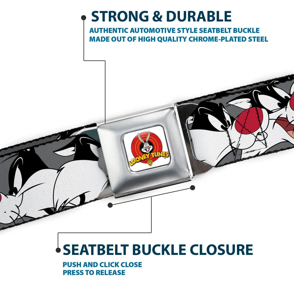 Looney Tunes Logo Full Color White Seatbelt Belt - Sylvester the Cat Expressions Gray Webbing Seatbelt Belts
