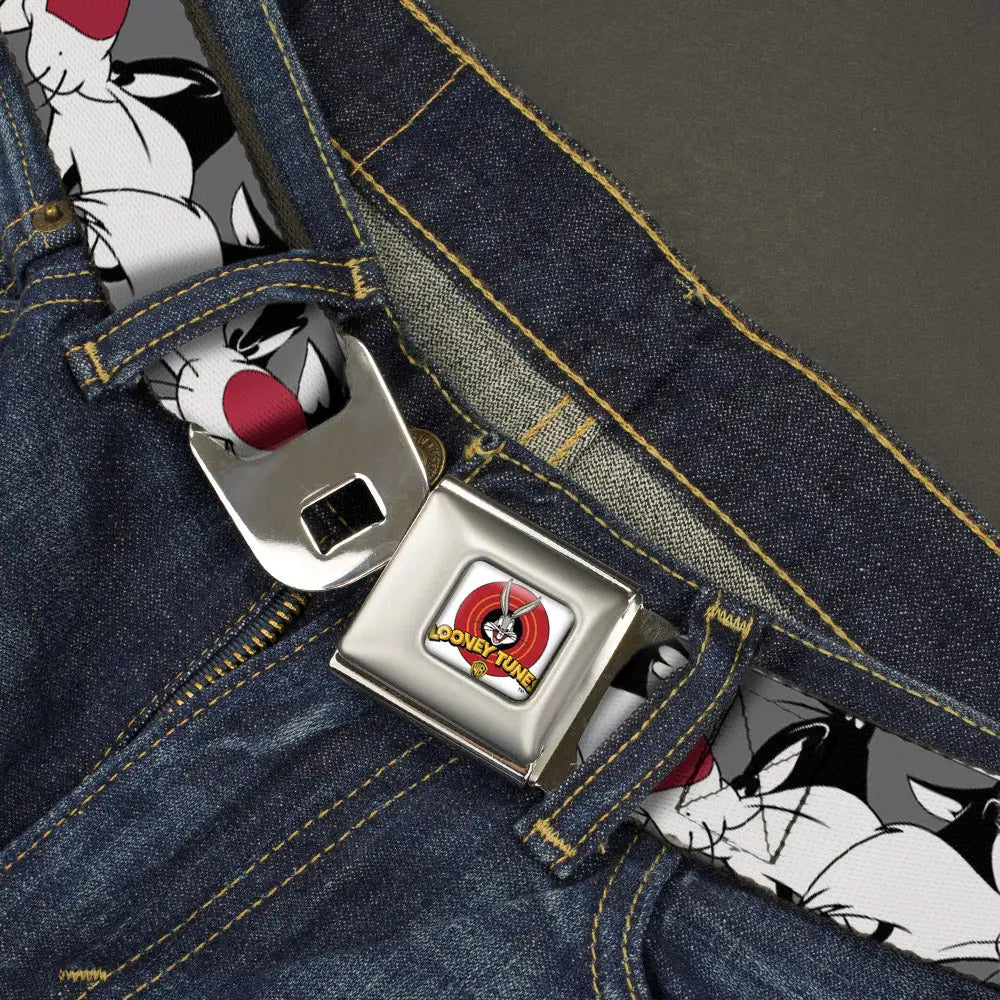 Looney Tunes Logo Full Color White Seatbelt Belt - Sylvester the Cat Expressions Gray Webbing Seatbelt Belts
