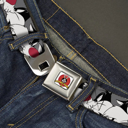 Looney Tunes Logo Full Color White Seatbelt Belt - Sylvester the Cat Expressions Gray Webbing Seatbelt Belts