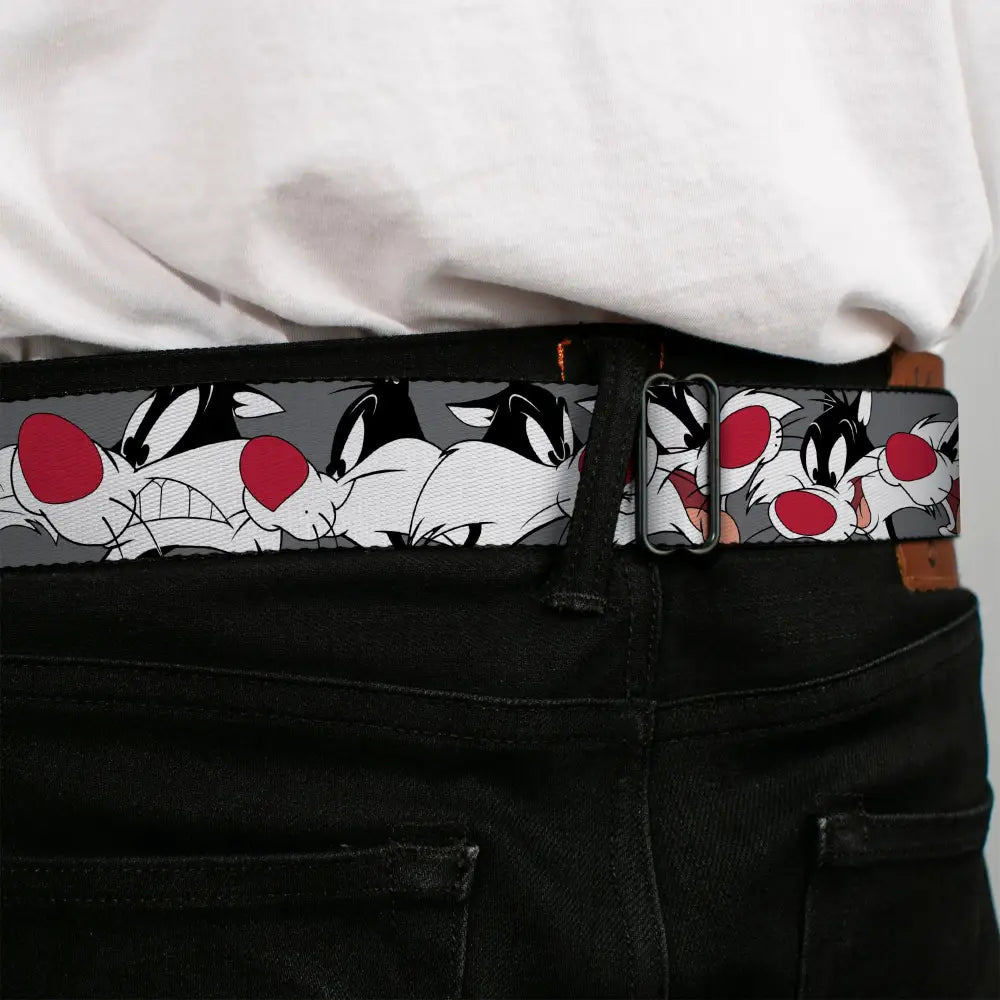 Looney Tunes Logo Full Color White Seatbelt Belt - Sylvester the Cat Expressions Gray Webbing Seatbelt Belts