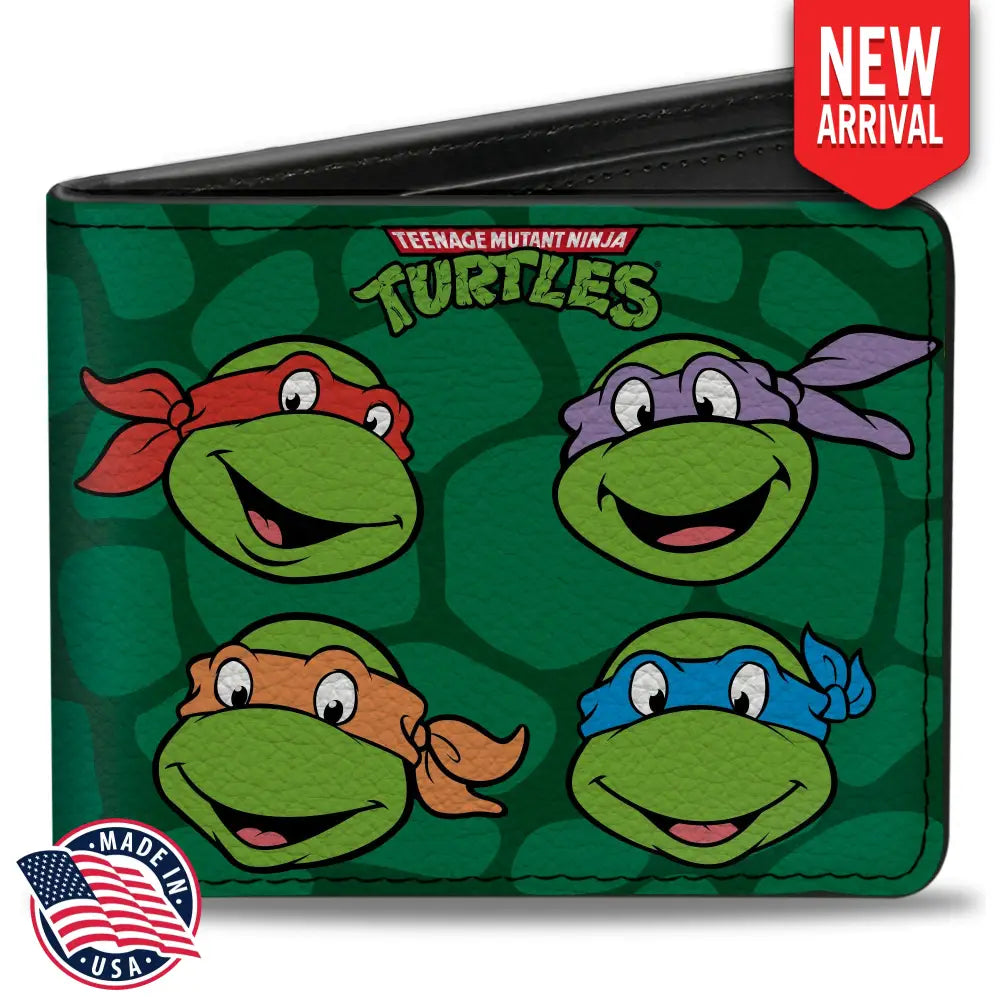 Bi-Fold Wallet - Classic TEENAGE MUTANT NINJA TURTLES Group Faces + Pose Turtle Shell Black Green Bi-Fold Wallets