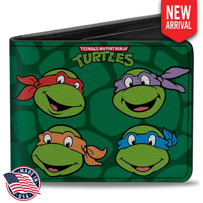 Bi-Fold Wallet - Classic TEENAGE MUTANT NINJA TURTLES Group Faces + Pose Turtle Shell Black Green Bi-Fold Wallets