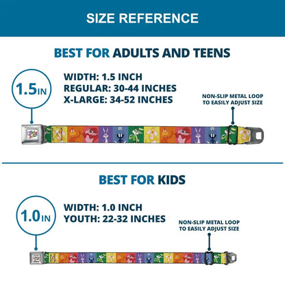 Looney Tunes THAT’S ALL FOLKS Script Full Color White/Multi Color Seatbelt Belt - Looney Tunes 6-Character Pose Pride