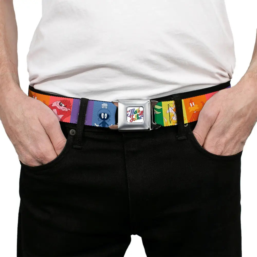 Looney Tunes THAT’S ALL FOLKS Script Full Color White/Multi Color Seatbelt Belt - Looney Tunes 6-Character Pose Pride