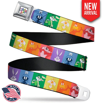 Looney Tunes THAT’S ALL FOLKS Script Full Color White/Multi Color Seatbelt Belt - Looney Tunes 6-Character Pose Pride