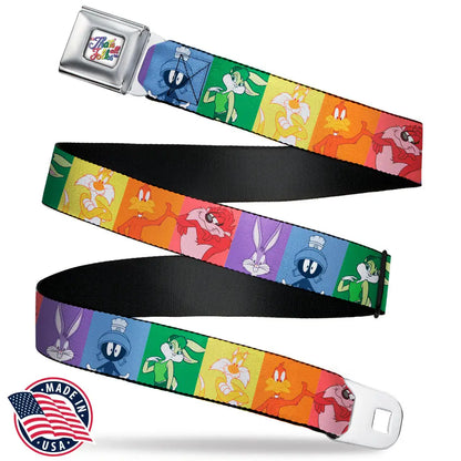 Looney Tunes THAT’S ALL FOLKS Script Full Color White/Multi Color Seatbelt Belt - Looney Tunes 6-Character Pose Pride