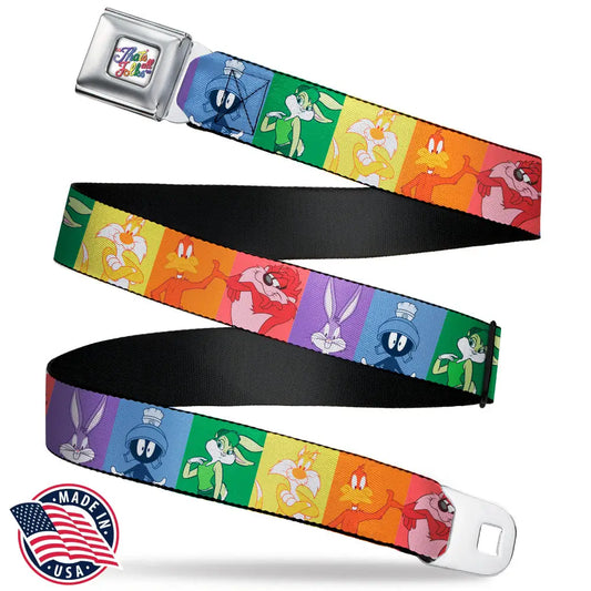 Looney Tunes THAT’S ALL FOLKS Script Full Color White/Multi Color Seatbelt Belt - Looney Tunes 6-Character Pose Pride