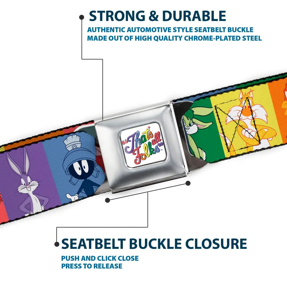 Looney Tunes THAT’S ALL FOLKS Script Full Color White/Multi Color Seatbelt Belt - Looney Tunes 6-Character Pose Pride