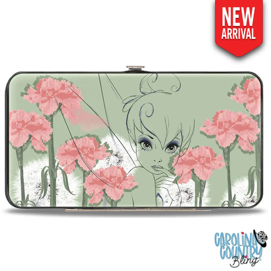 Hinged Wallet - Tinker Bell Sketch Carnations Dandelions Sage Greens Pinks White Hinged Wallets