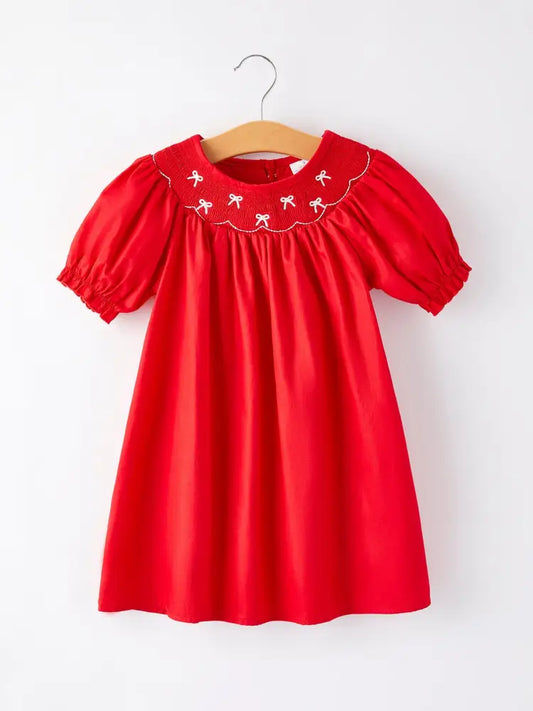 Girls Bow Smocking Embroidered Red Dress Dress