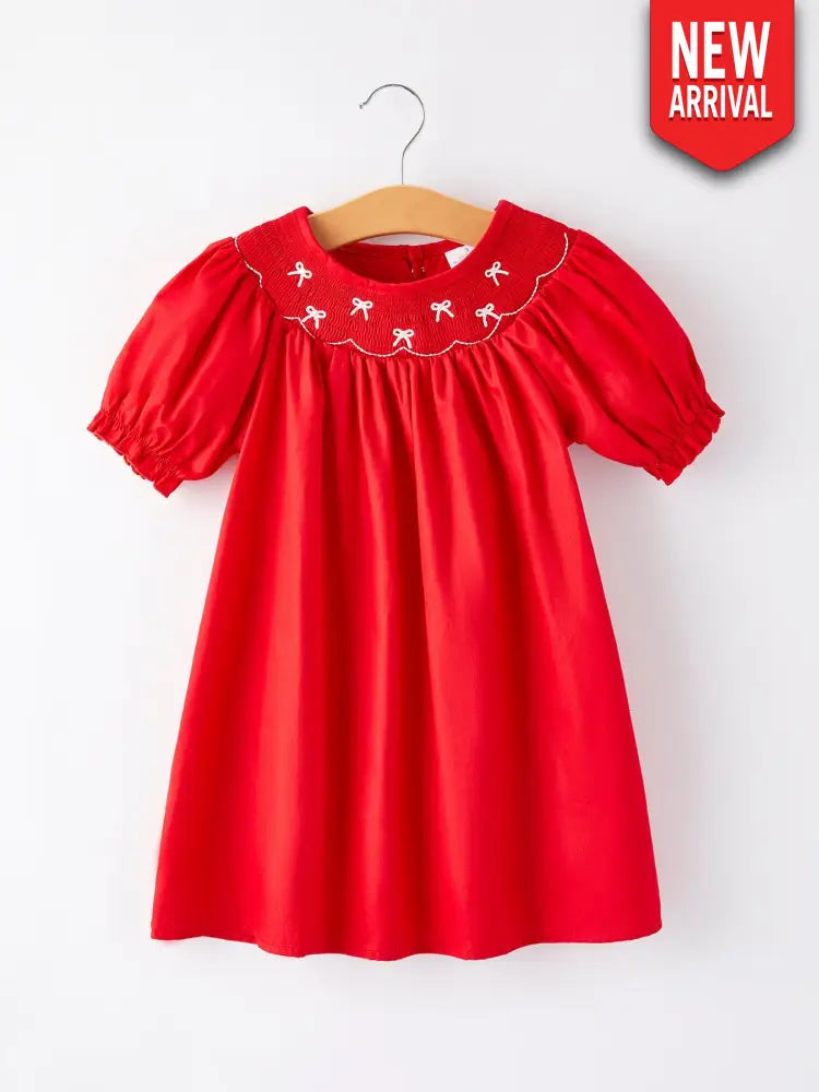 Girls Bow Smocking Embroidered Red Dress Dress