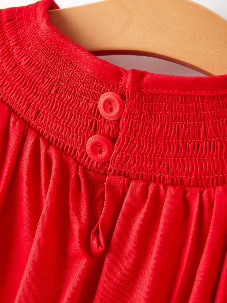 Girls Bow Smocking Embroidered Red Dress Dress