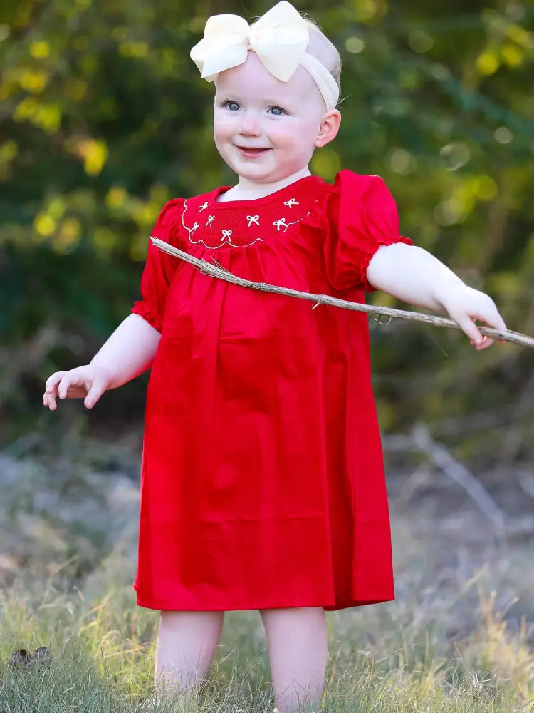 Girls Bow Smocking Embroidered Red Dress Dress