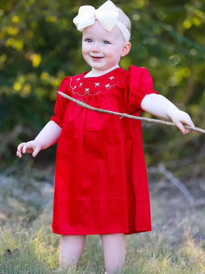 Girls Bow Smocking Embroidered Red Dress Dress