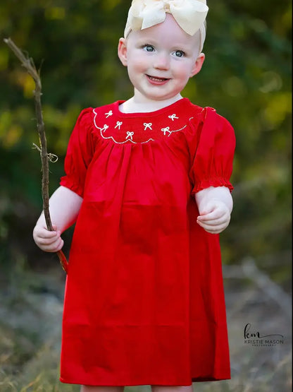 Girls Bow Smocking Embroidered Red Dress Dress